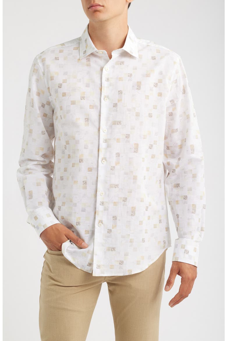 Axel Trim Fit Geometric Print Cotton & Linen Button-Up Shirt, Main, color, DESERT