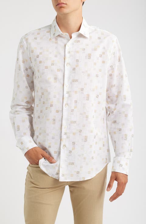 Axel Trim Fit Geometric Print Cotton & Linen Button-Up Shirt