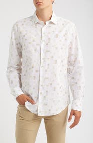 Bugatchi Axel Trim Fit Geometric Print Cotton & Linen Button-Up Shirt