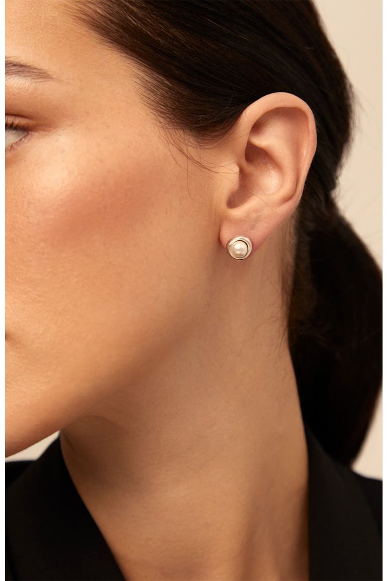 Sterling Silver-Plated Earrings with Pearl, Alternate, color, Silver