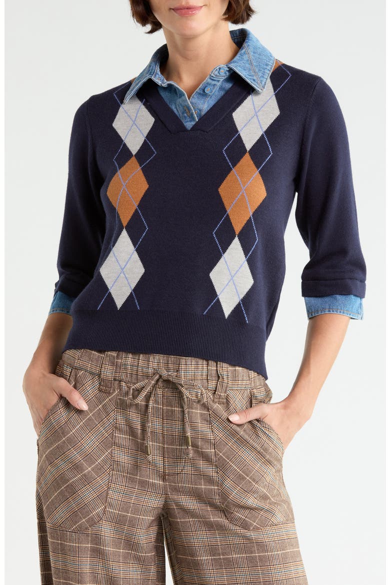 Denim Trim Argyle Sweater, Main, color, NAVY MULTI