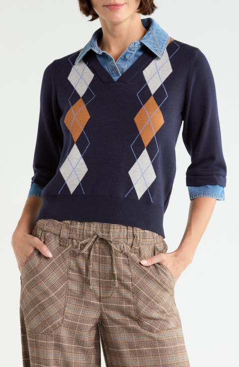 Denim Trim Argyle Sweater