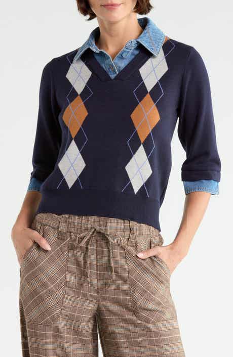 Denim Trim Argyle Sweater