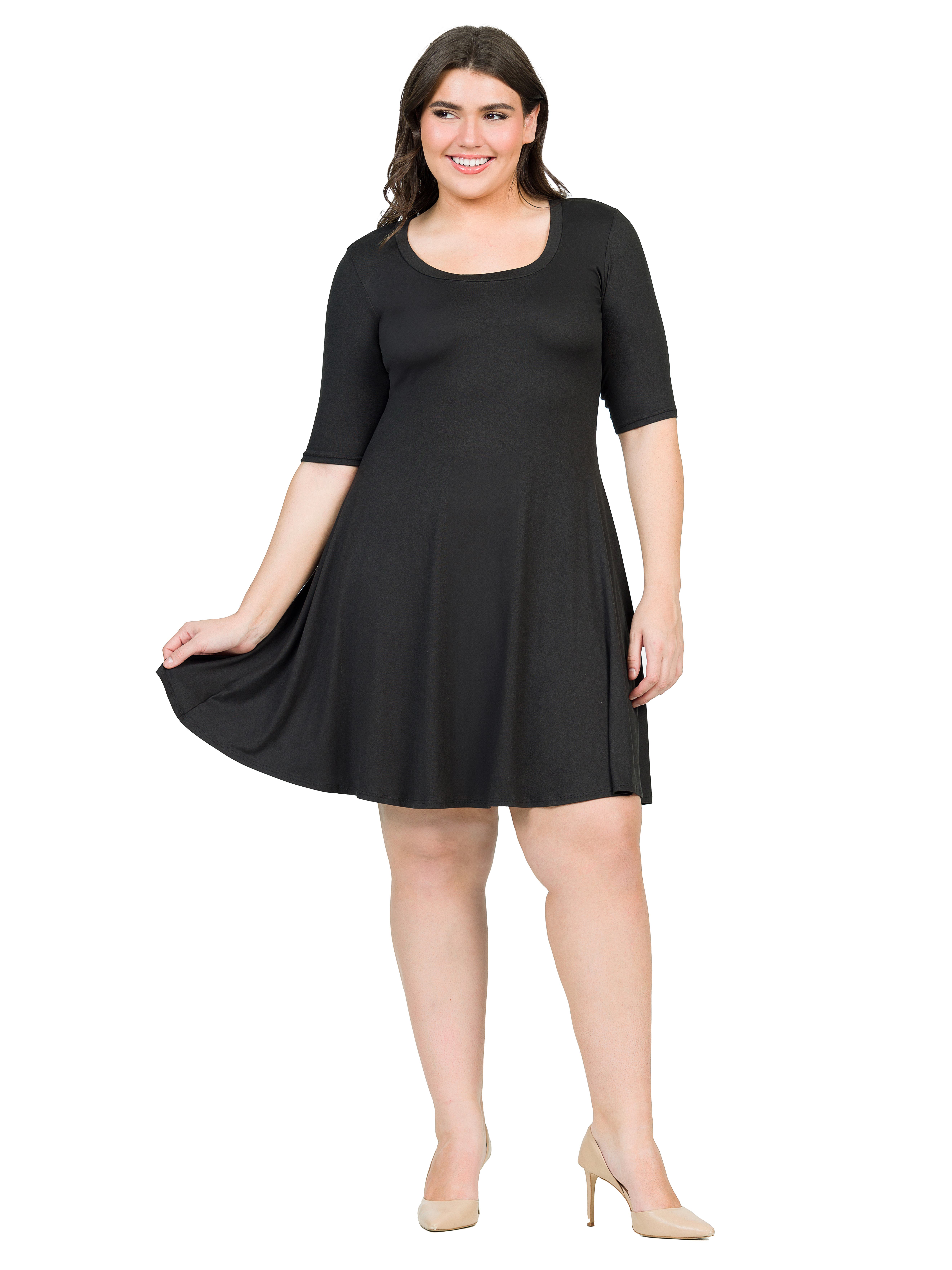24seven Comfort Apparel Elbow Sleeve Knee Length Dress In Black