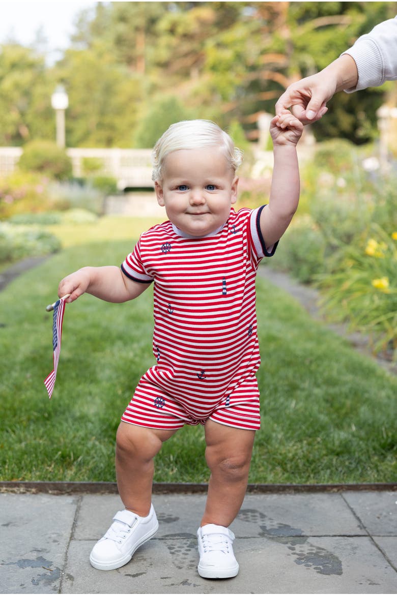Stripe Knit Shortall With Nautical Embroidery, Alternate, color, Red / White
