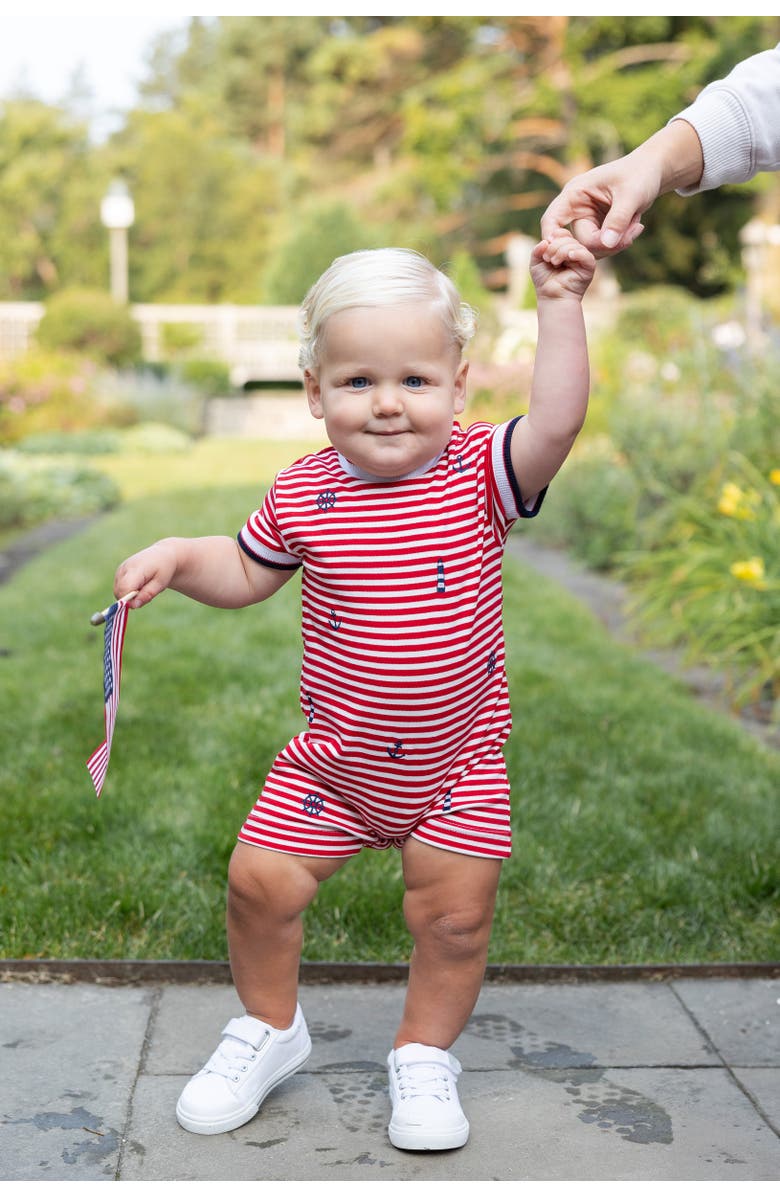 Florence Eiseman Stripe Knit Shortall With Nautical Embroidery, Alternate, color, Red / White