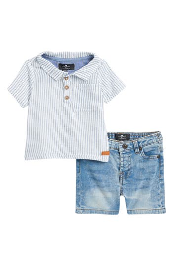 7 For All Mankind Cotton Polo & Denim Shorts Set In Blue
