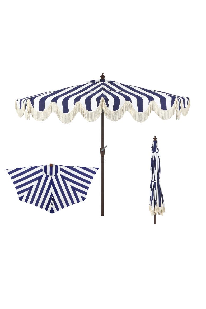 Beverly Coastal Half Patio Umbrella, Space-Saving Balcony Shade with Scalloped Fringe, Crank & Manual Tilt, Main, color, Navy/White