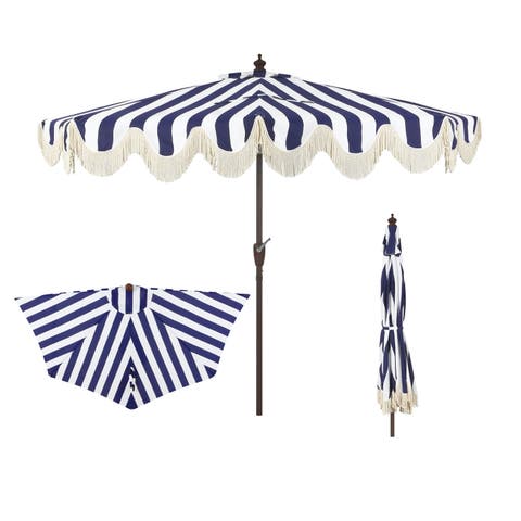 Beverly 9 ft. Designer Classic Scalloped Fringe Half Market Patio Umbrella with Crank, Push Button Tilt and UV Protection