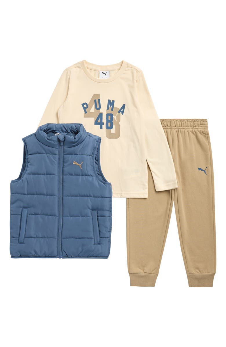 PUMA Kids' Woven Puffer Vest, Logo Jersey T-Shirt & Joggers Set, Main, color, Thunderstorm