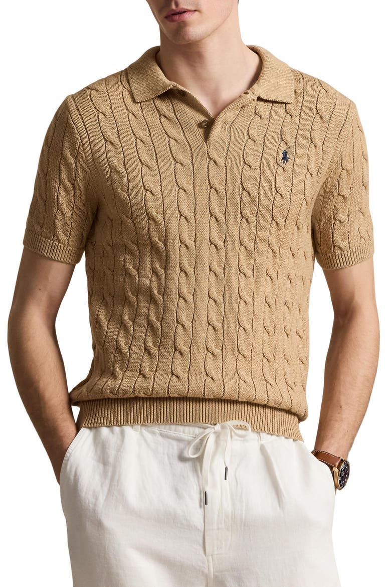 Cable-Knit Cotton Polo Sweater, Main, color, CAMEL MELANGE