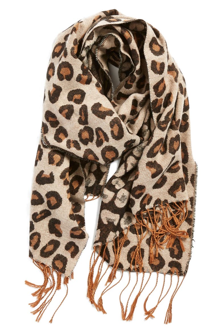 BP Leopard Print Fringe Oblong Scarf, Main, color, BROWN LEOPARD