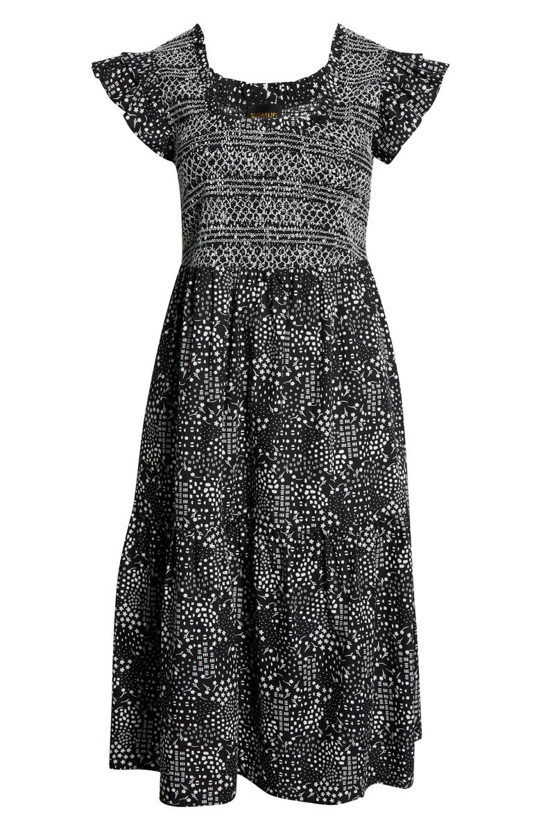 SUGARLIPS Larsa Geometric Print Smocked Dress, Alternate, color, Black-White