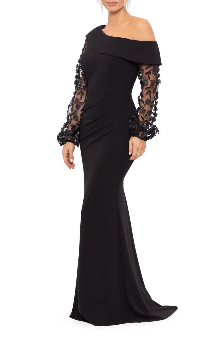 Floral Appliqué Long Sleeve Gown, Main, color, BLACK