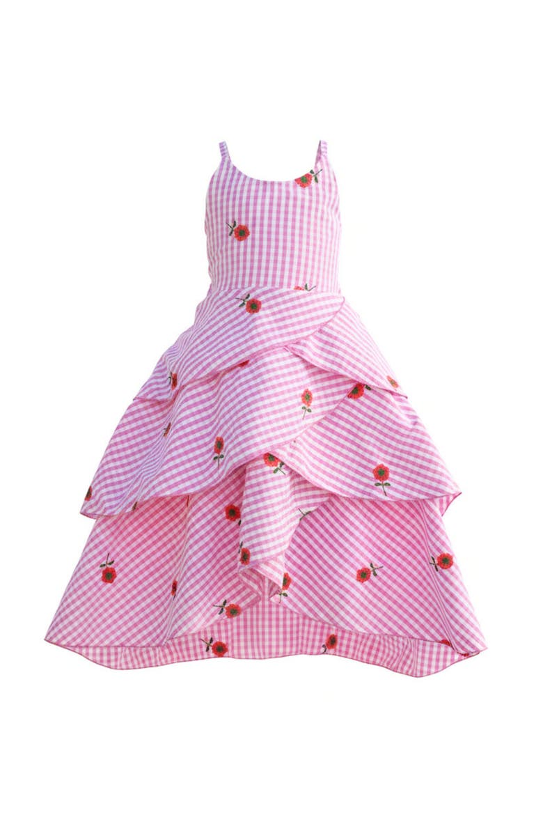 Girls Seaside Bloom Gingham Embroidered Floral Ruffle Dress, Main, color, Pink