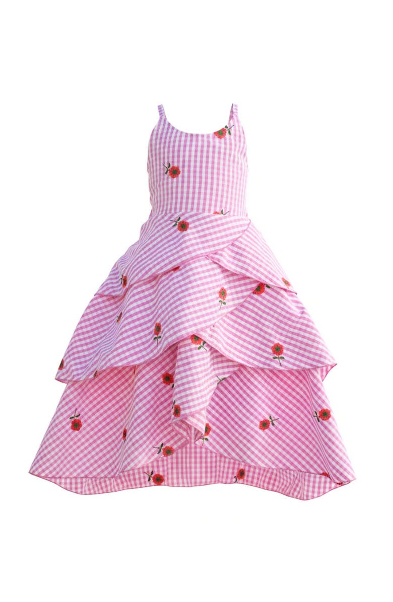 Mia Belle Girls Girls Seaside Bloom Gingham Embroidered Floral Ruffle Dress, Main, color, Pink