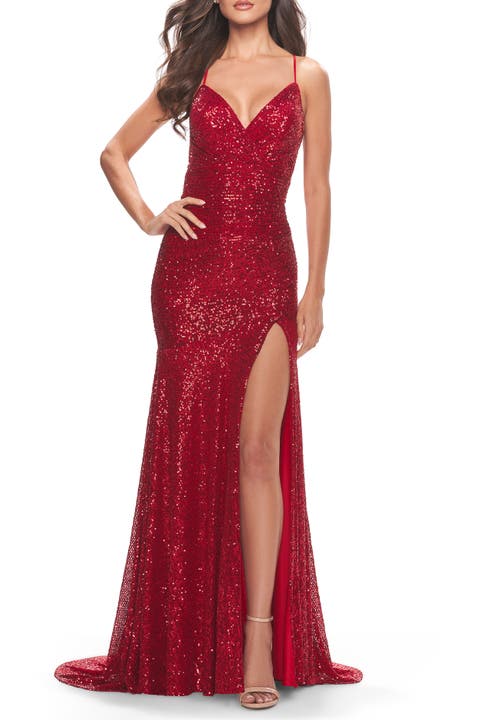 Long Sequin Gown with Dramatic Flare Skirt and Slit