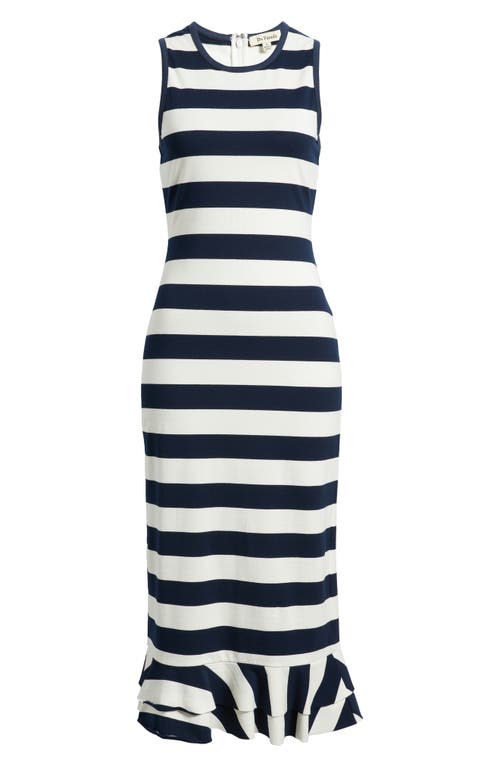 Du Paradis Musa Stripe Ruffle Hem Sleeveless Stretch Cotton Midi Dress In Navy White Stipes