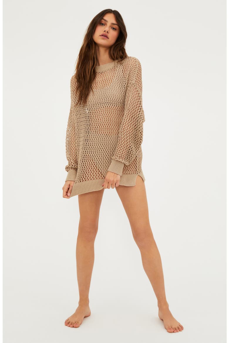 Hilary Long Sleeve Open Knit Cover-Up Sweater Tunic, Alternate, color, TAN