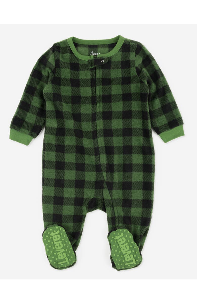 Leveret Kids Fleece Footed Printed Holiday Pajamas, Main, color, Plaid Black & Green
