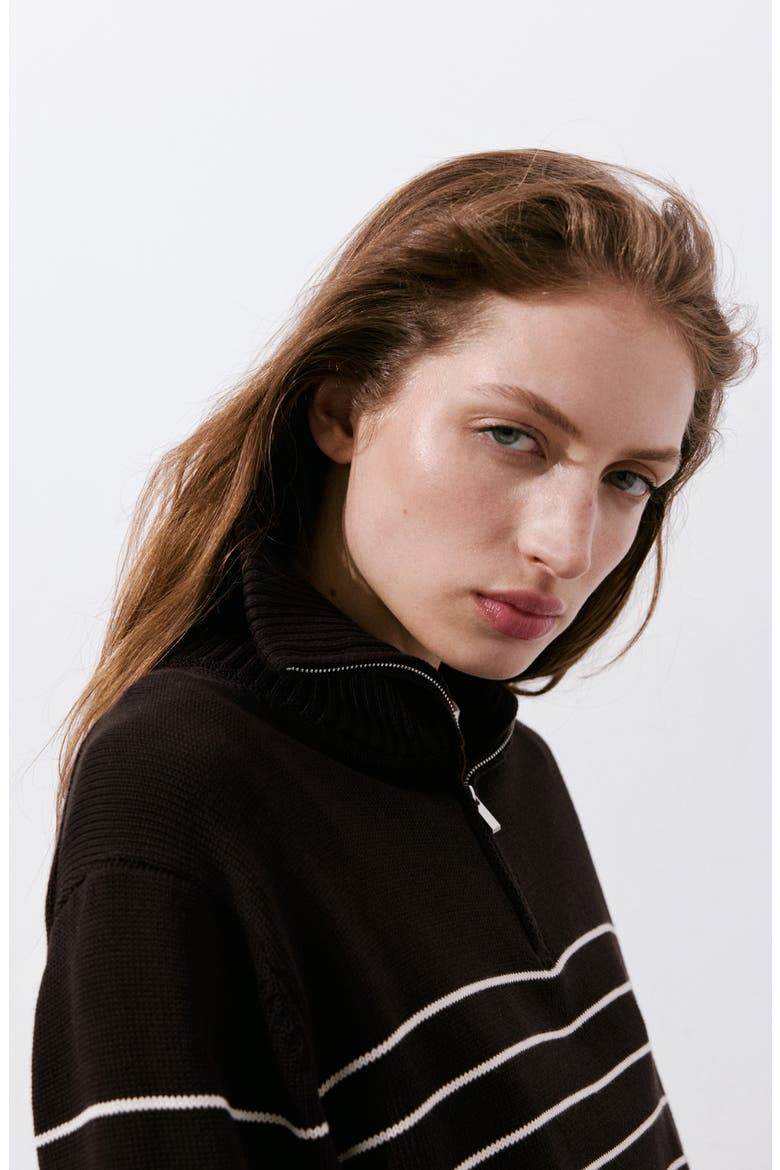 Striped Cotton Half Zip Sweater, Alternate, color, BROWN