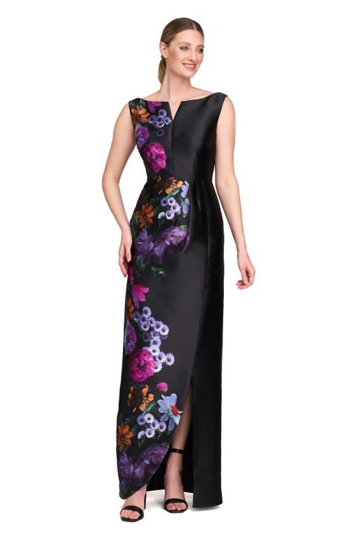 Kay Unger Helene Placed Floral Print Column Gown In Raven/boysenberry