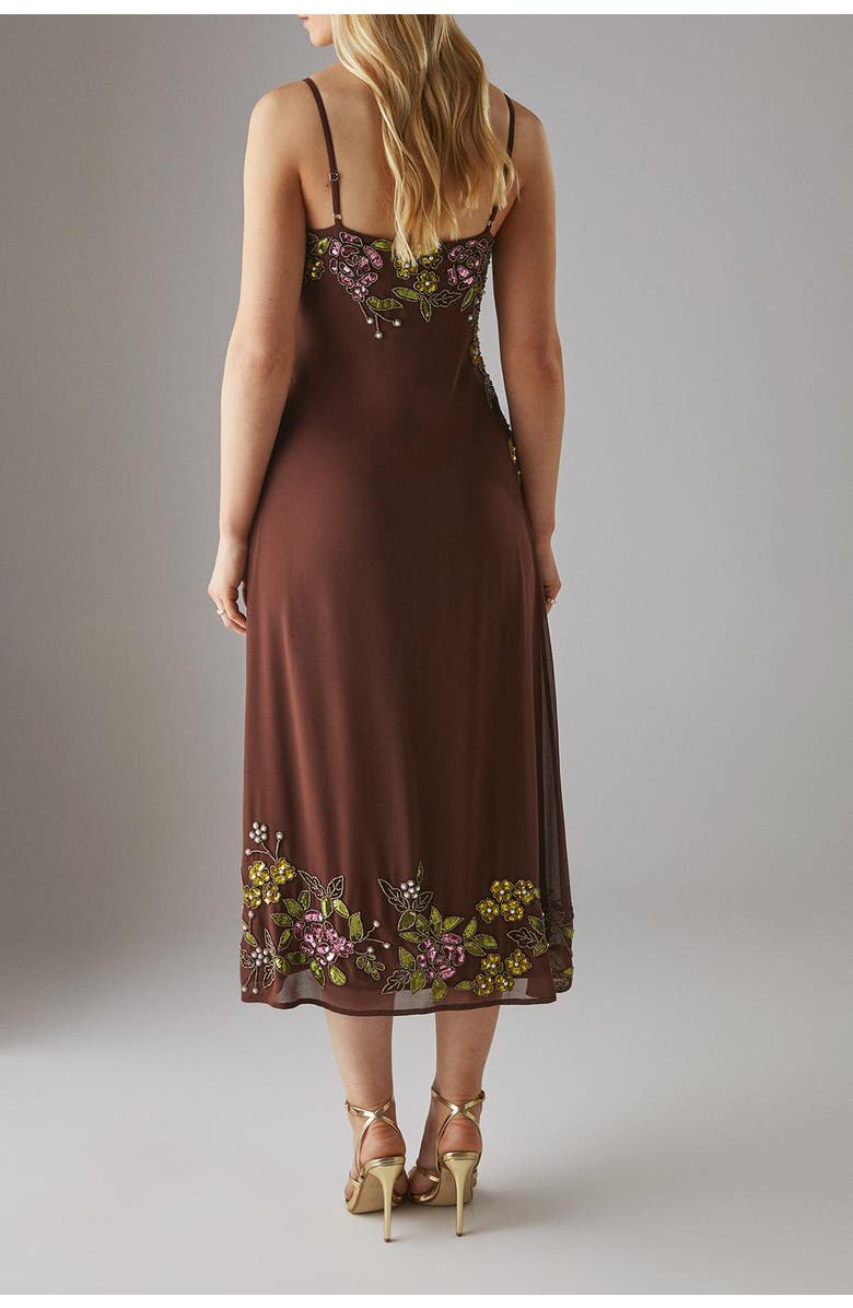 Warehouse Embellished Strappy Sequin Midi Dress, Alternate, color, Chocolate