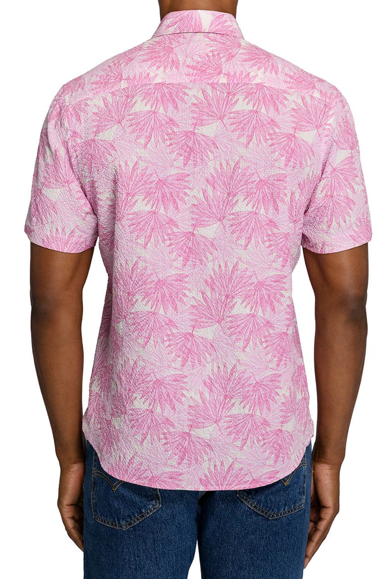 Palm Print Short Sleeve Seersucker Button-Up Shirt, Alternate, color, LIGHT PINK
