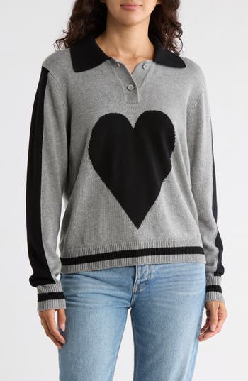 Vigoss Intarsia Heart Cotton Polo Sweater In Gray
