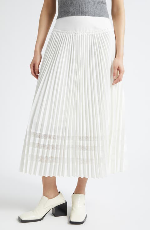 Lace Trim Crepe Pleat Midi Skirt