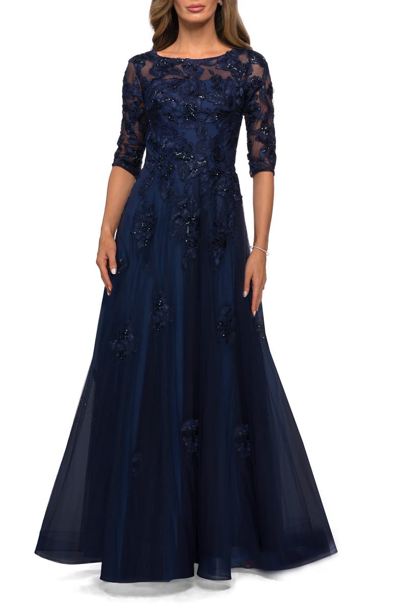 La Femme Three Quarter Sleeve A-line Gown with Floral Embellishments, Main, color, Navy