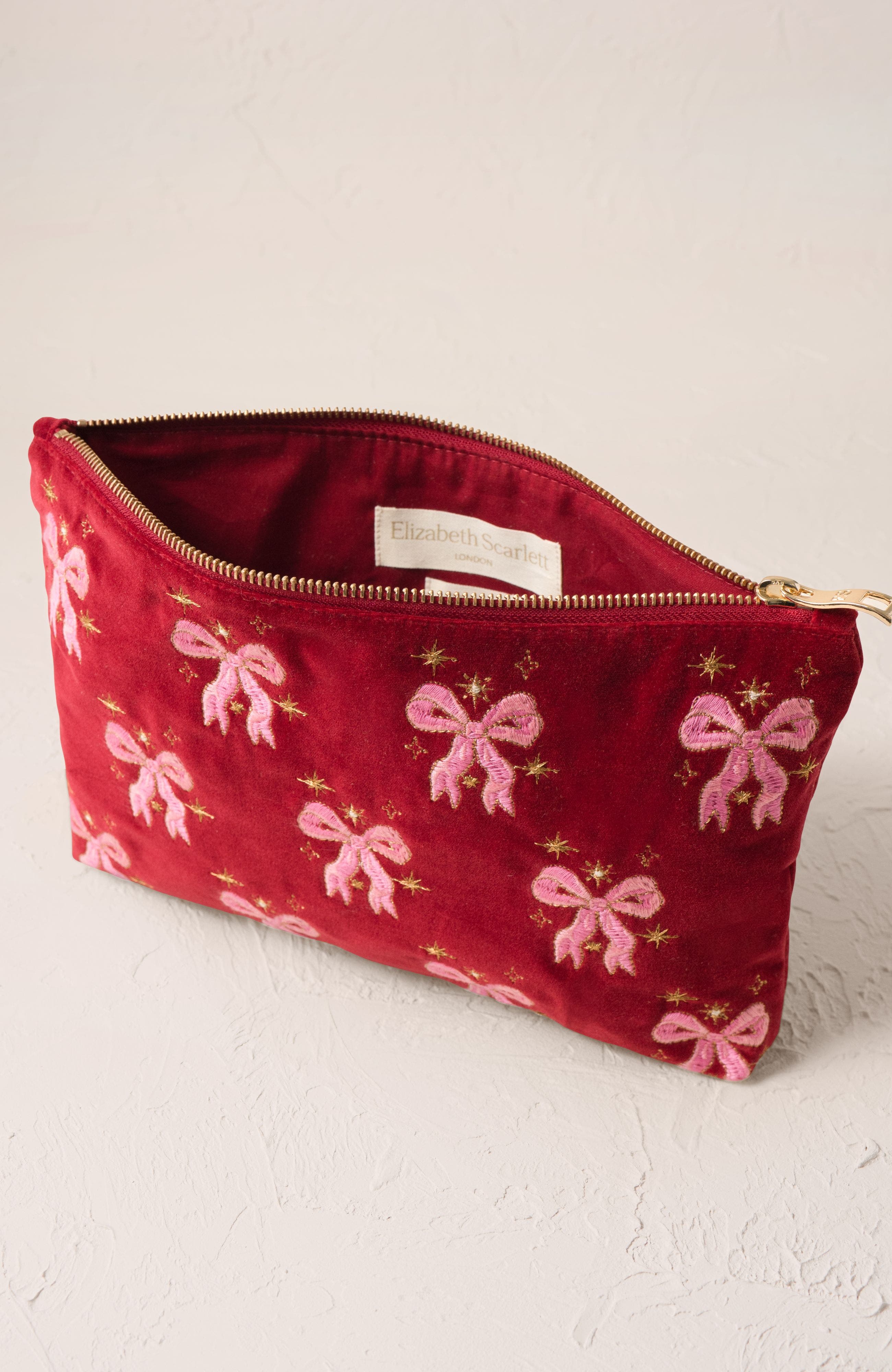 Elizabeth Scarlett Dazzling Bows Velvet Everyday Pouch, Alternate, color, Rouge