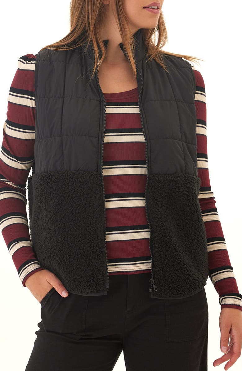 Threads 4 Thought Janey Faux Shearling Mixed Media Puffer Vest, Main, color, Black