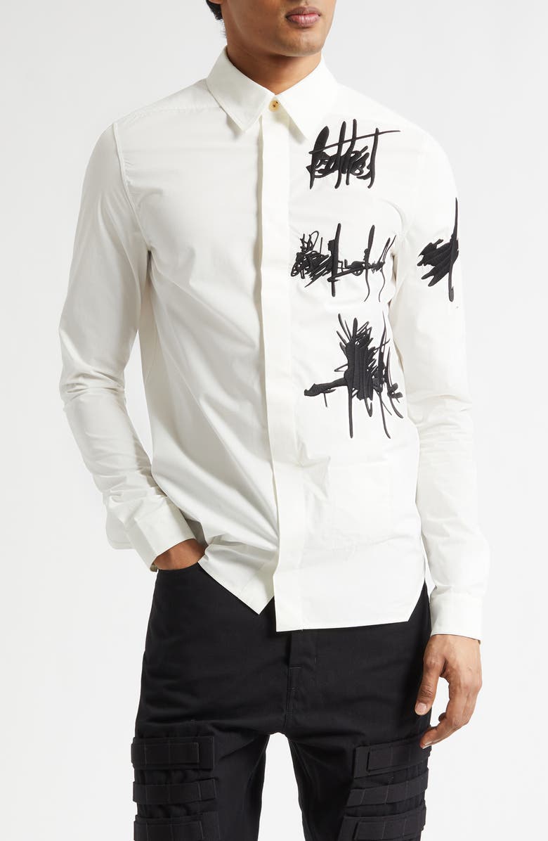 Rick Owens Rev Embroidered Button-Up Shirt, Main, color, Milk/ Black