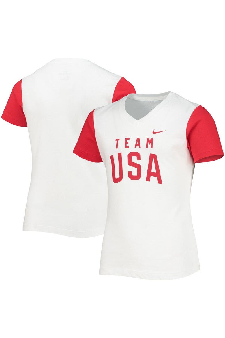 Girls Youth Nike White/Red Team USA Color Block V-Neck T-Shirt, Main, color, White