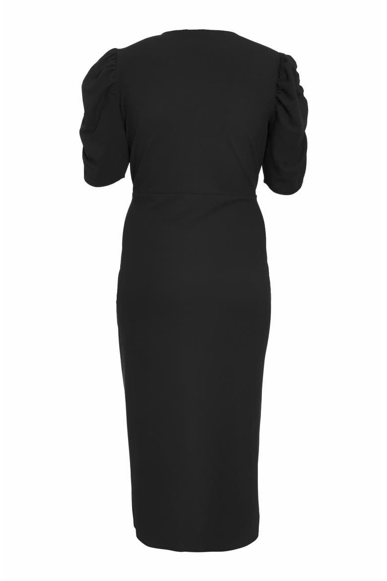 Wrap Pleated Ruched Sleeve Midi Dress, Alternate, color, Black