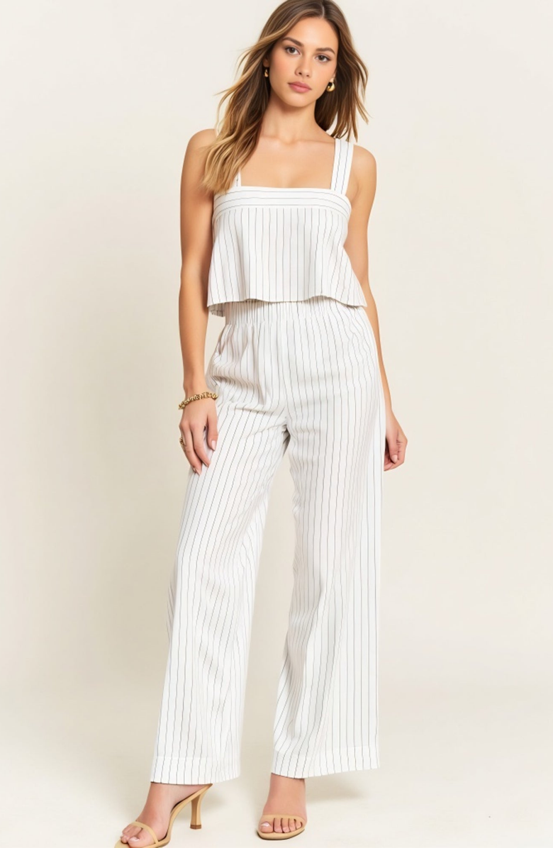 Modenaire Striped Open Back Crop Top and Wide Leg High Waist Pant Outfit Set, Alternate, color, White / Black Striped