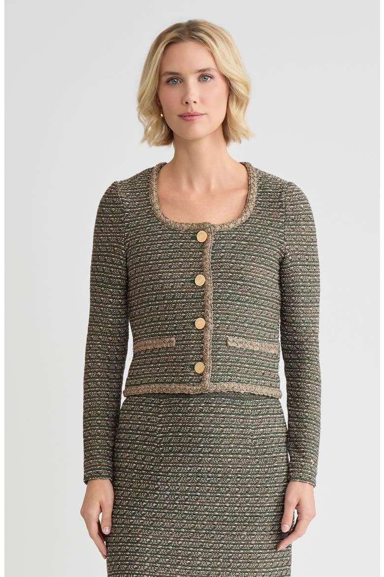 Heritage Lurex Braided Trim Tweed Knit Jacket, Main, color, Dark Ivy/Midnight Umber
