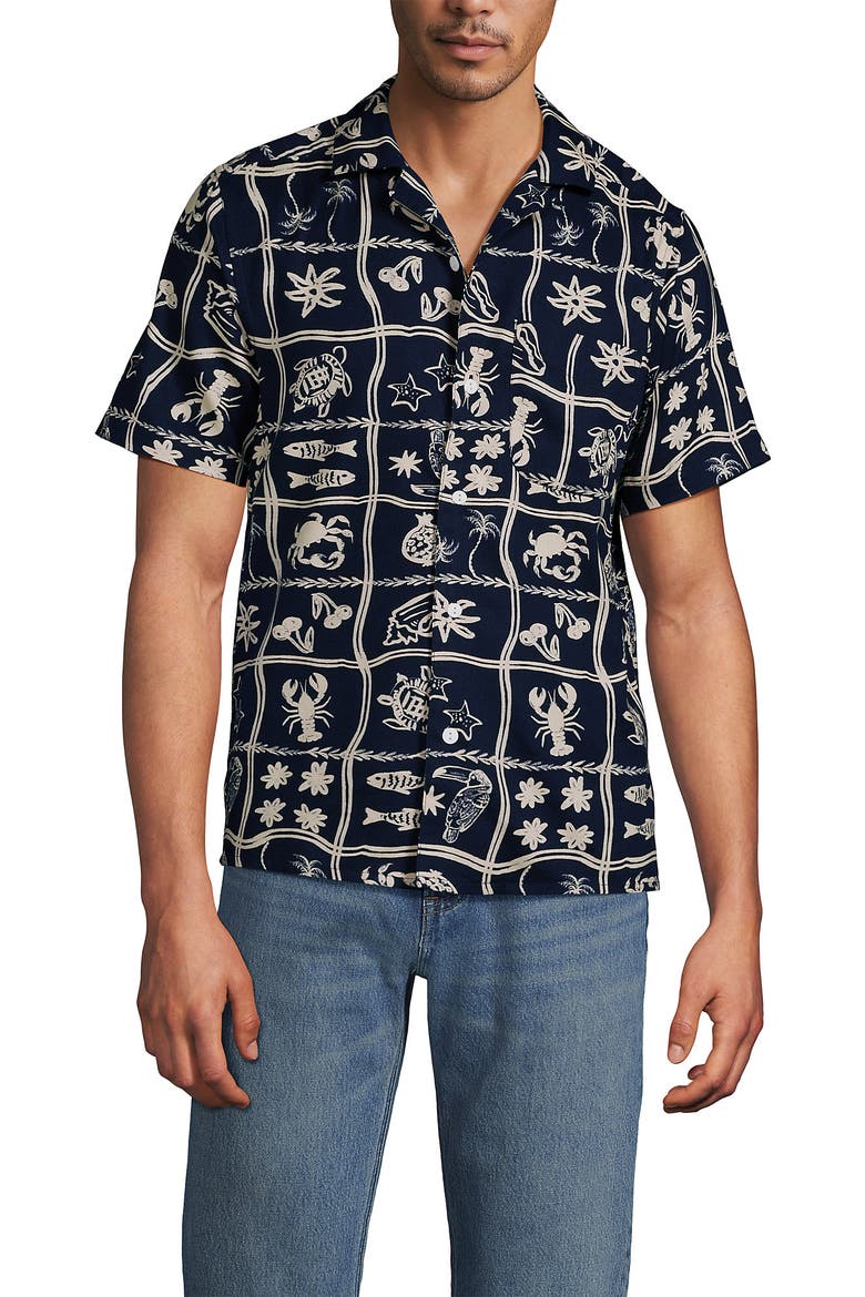 Short Sleeve Camp Collar Hawaiian Shirt, Main, color, Deep Sea Navy/Fish