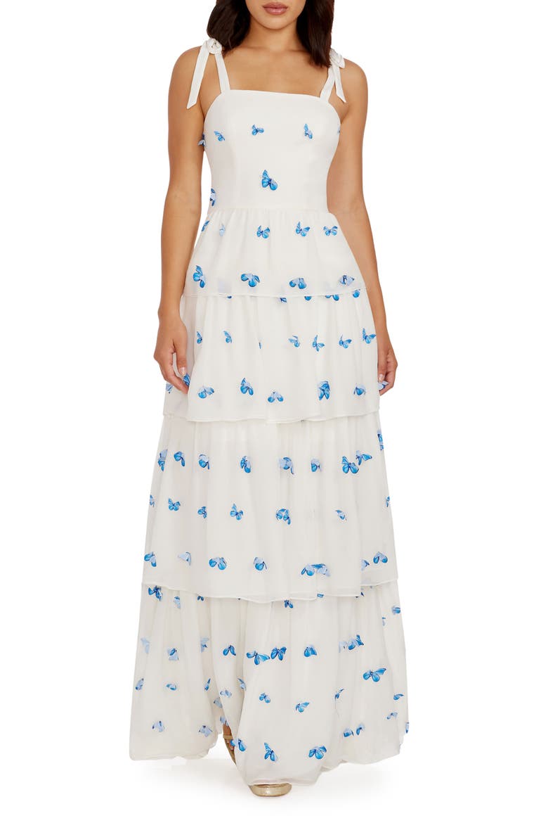 Monica Butterfly Appliqué Tiered Silk Gown, Main, color, WHITE-BLUE