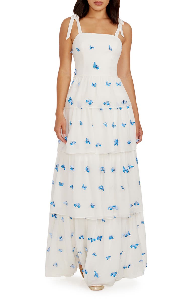 Dress the Population Monica Butterfly Appliqué Tiered Silk Gown, Main, color, 