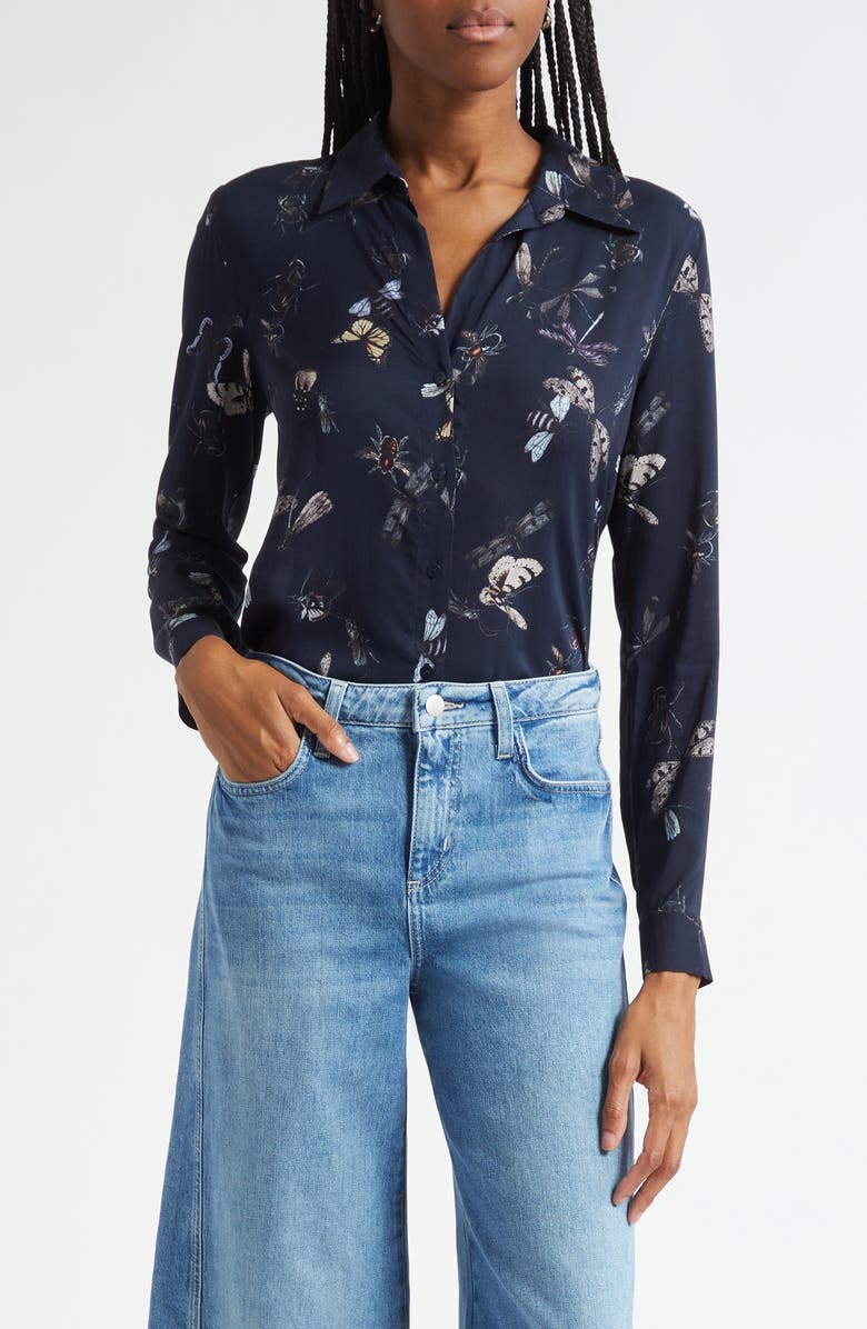 L'AGENCE Holly Butterfly Print Button-Up Shirt, Main, color, Midnight Multi Beetles