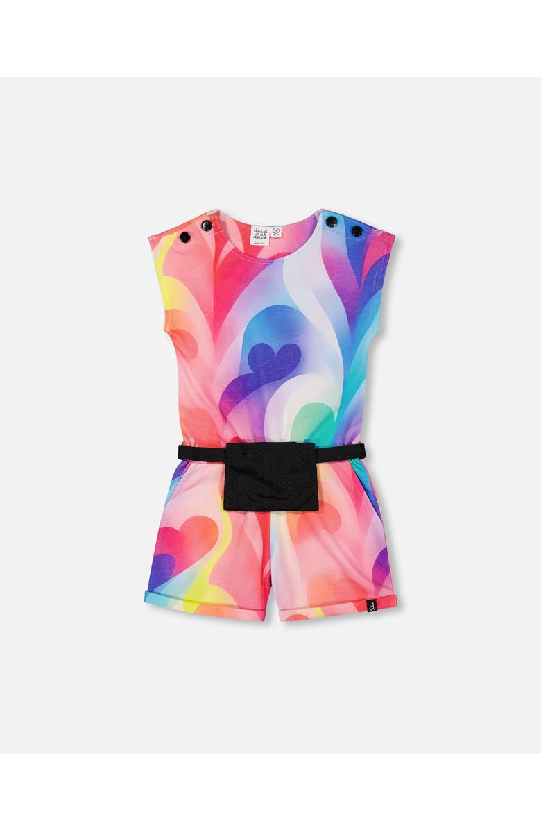 Deux par Deux Little Girl's French Terry Romper Printed Rainbow Heart, Main, color, 