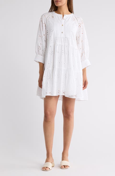 Long Sleeve Eyelet Button-Up Minidress