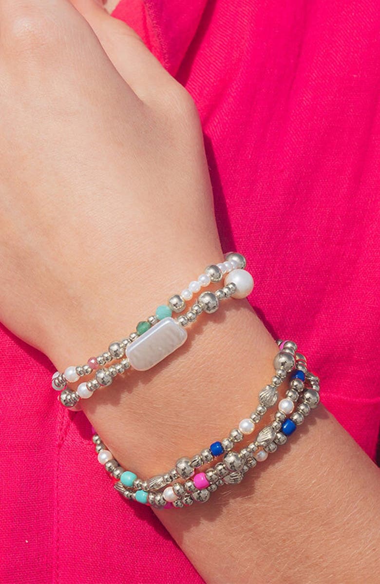 Sterling Forever Truvy Freshwater Pearl & Bead Stretch Bracelet, Alternate, color, Silver