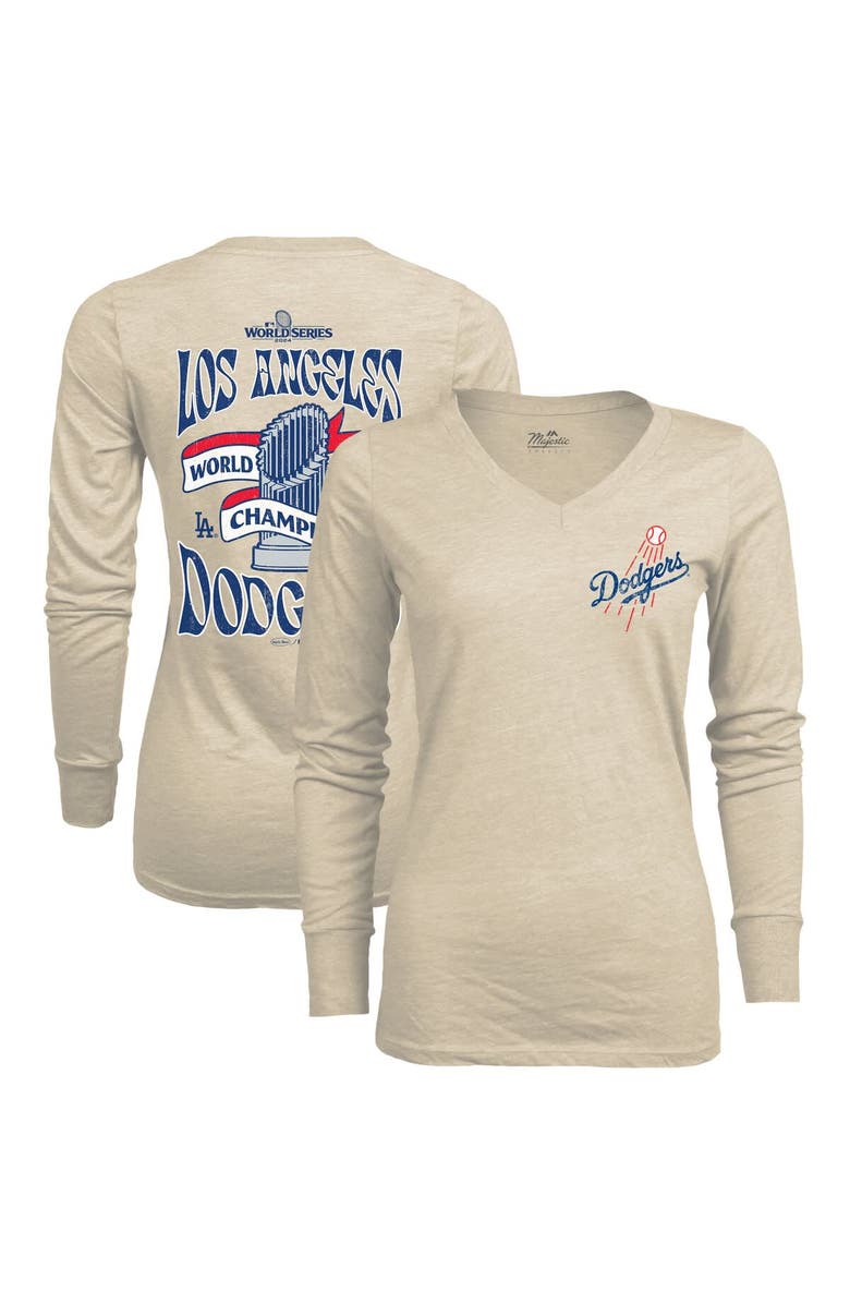Majestic Threads Women's Majestic Threads Oatmeal Los Angeles Dodgers 2024 World Series Champions Tri-Blend Long Sleeve V-Neck T-Shirt, Alternate, color, 
