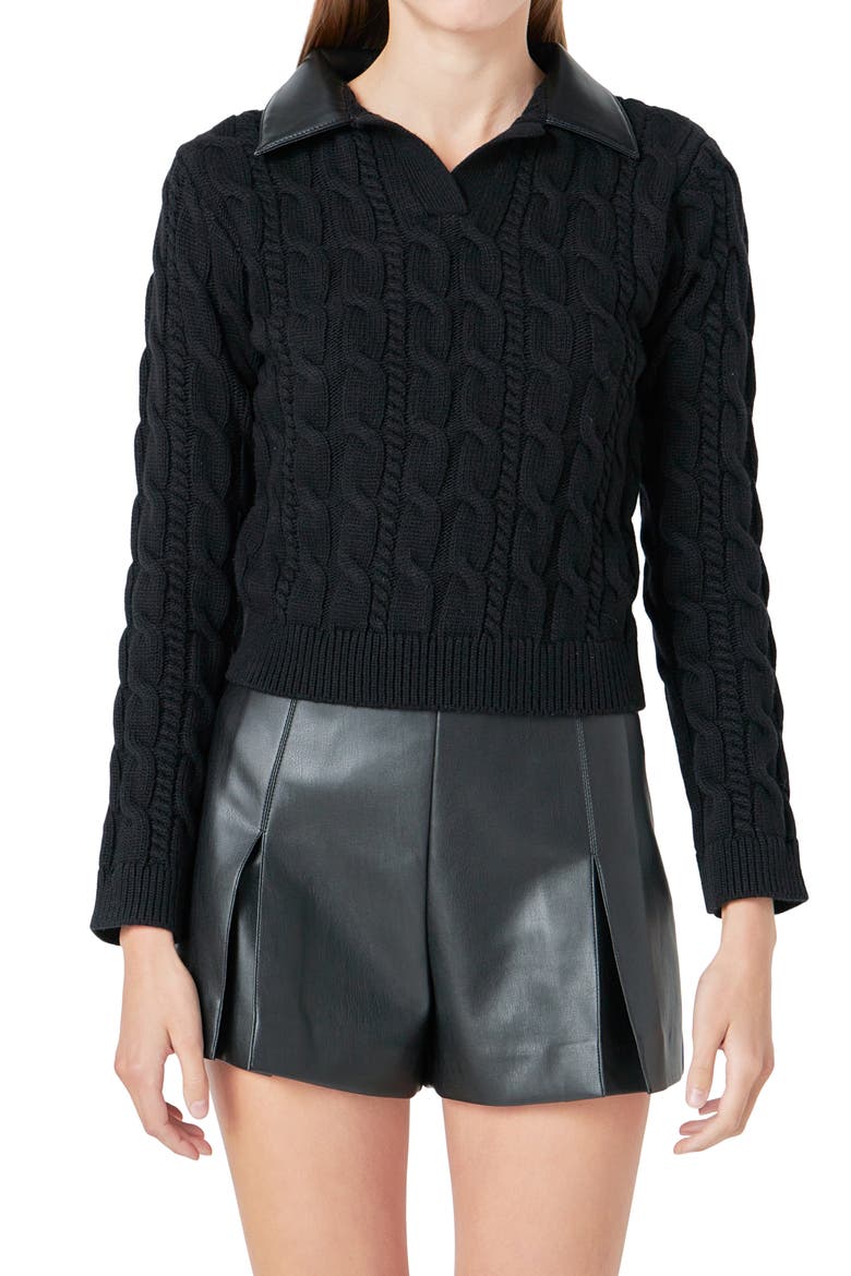 Faux Leather Collar Cable Sweater, Main, color, BLACK