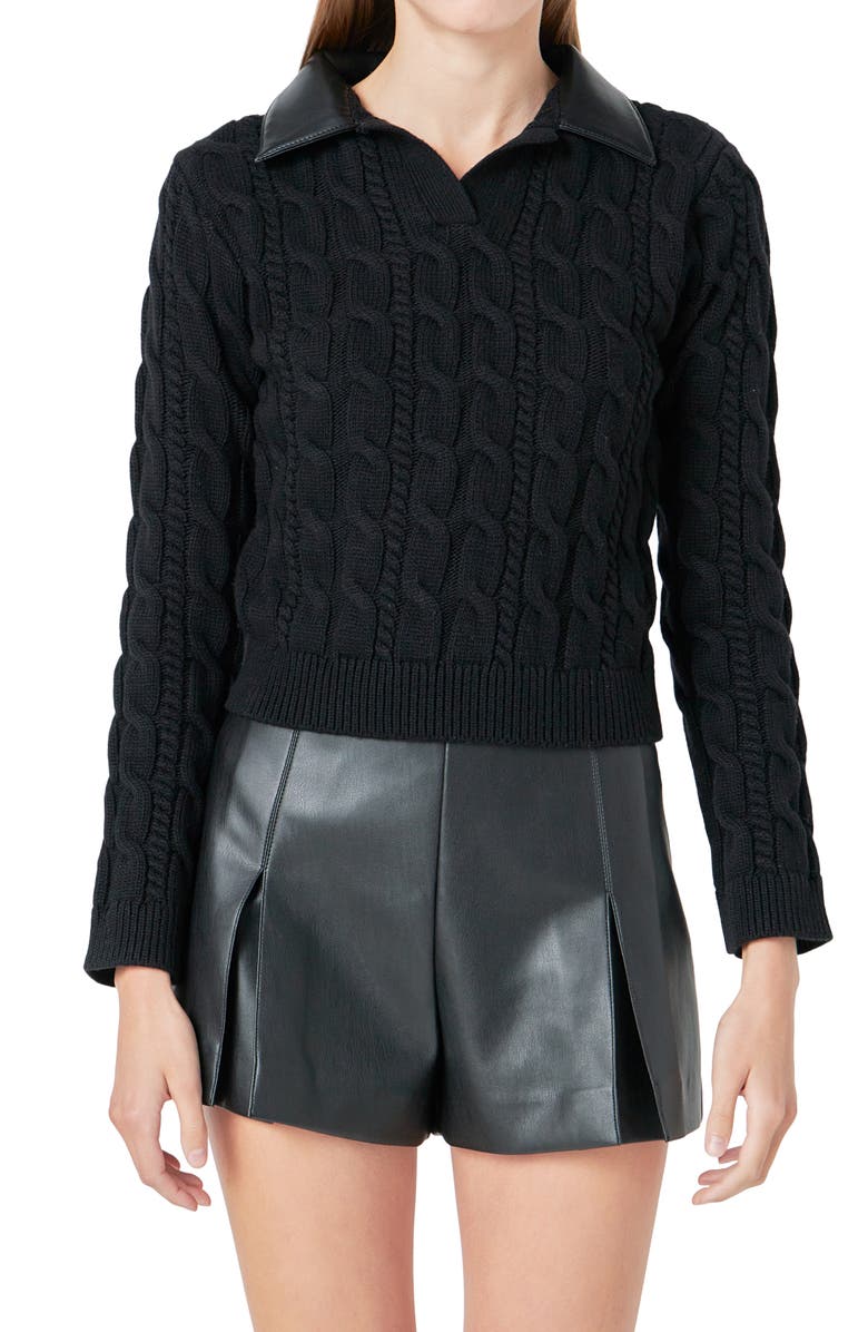 Endless Rose Faux Leather Collar Cable Sweater, Main, color, Black