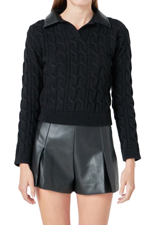 Faux Leather Collar Cable Sweater