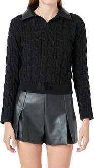 Endless Rose Faux Leather Collar Cable Sweater